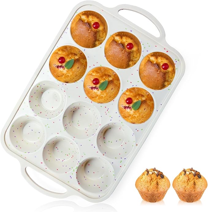 Vinino 1Pack Silicone Muffin Pan for Baking with Metal Reinforced Frame, 12 Cup Regular Size Cupcake Pan, BPA Free Silicone Muffin Tray, Cupcake Baking Pan Molds for Oven Dishwasher Safe - Cream