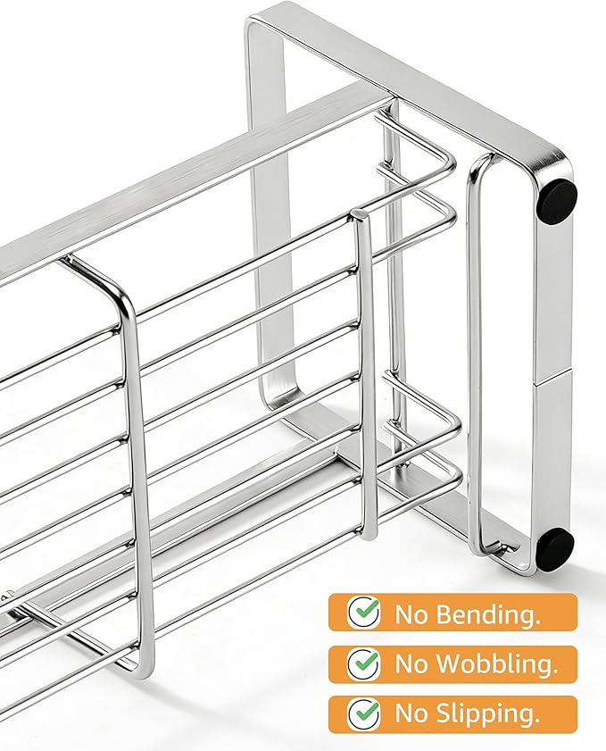 HULISEN Large Sponge Holder, 304 Stainless Steel Kitchen Soap Dispenser Caddy Organizer, Countertop Soap Dish Rack Drainer with Removable Drain Tray, not Including Dispenser and Brush, Silver