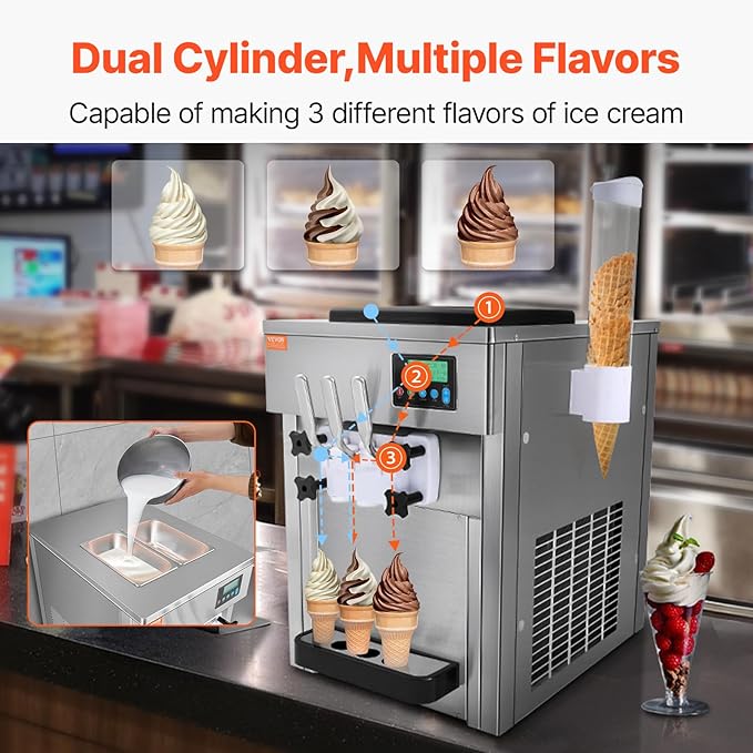 VEVOR Commercial Ice Cream Machine, 21 QT/H Soft Serve Ice Cream Maker with LCD Panel Auto Clean 3-Flavor Pre-cooling for Restaurant Snack Bar