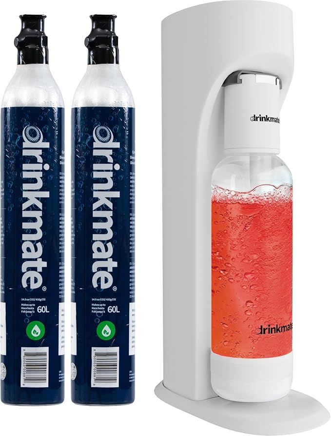 Drinkmate OmniFizz Sparkling Water Maker & Soda Streaming Machine | Carbonates Any Drink | VALUE KIT | Includes Two 60L CO2 Cartridges + One BPA-Free Bottle (Classic White)