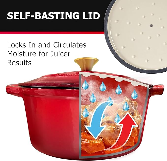 MUELLER HOME 4.5 QT Enameled Cast Iron Dutch Oven, Heavy-Duty Casserole Dish and Braiser Pan with Lid and Stainless Knob, Oven-Safe up to 500° F & Across All Cooktops, Red