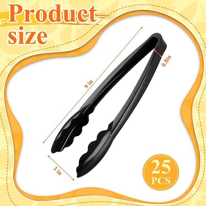 Tessco for you 25 Pcs Plastic Tongs for Serving Bulk, 9 Inch Plastic Disposable Serving Tongs Heavy Duty Salad Utensils for Kitchen Buffets BBQ Events Catering (Black)