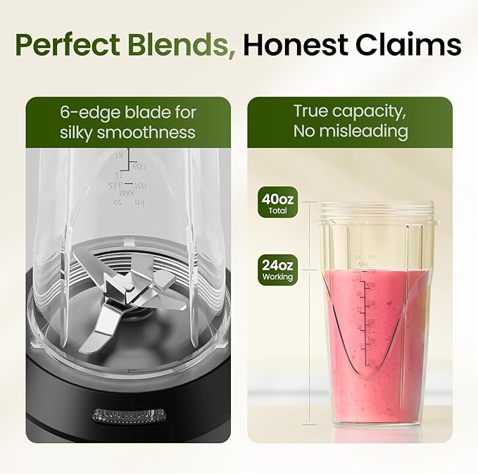 TOPZEE Personal Smoothie Blender, 1000W Single-Serve Blender with 24oz To-Go Cup, Twist-On Start/Stop, for Protein Shakes & Smoothies, Compact Countertop Blender, Black