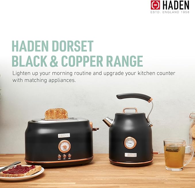 Haden Dorset 2 Slice Wide Slot Stainless Steel Toaster with Adjustable Browning Control & Non-Slip Feet, Black & Copper