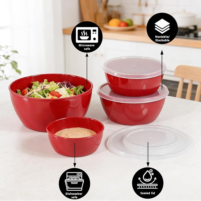 4-Piece Classic Plastic Prep Bowls with Lids, Nesting Plastic Small Mixing Bowl Set for Mixing, Baking, Prepping, Cooking and Serving Food, Microwave and Dishwasher Safe