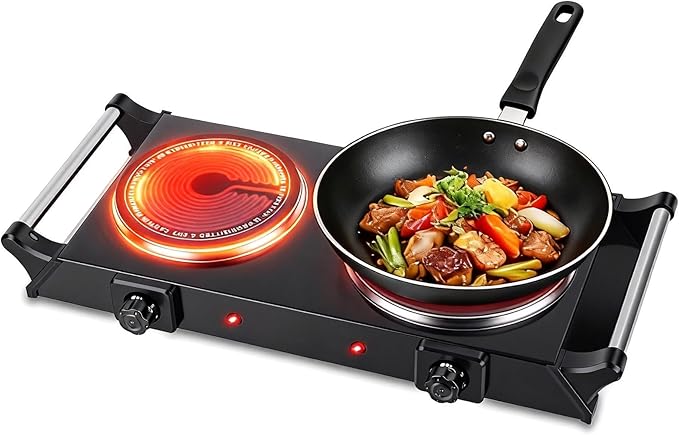 Electric Countertop Double Burner, 1800W Cooktop with Crystal Glass Hot Plate, 5-Level Stepless Temperature Control, Stay Cool Handles, Easy to Clean, Compatible Cooking Stove for Office Home RV