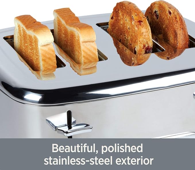 All-Clad Electric Stainless Steel Toaster, 4-Slice, LED Display, Removable Crumb Tray, Internal Cord Storage, 6 Browning Levels, Wide and Self-Centering Slots, Waffles, Bagels, Bread, Silver