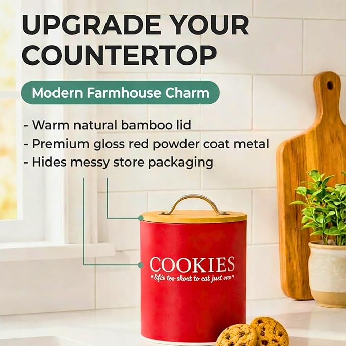D'Lifeful Farmhouse Airtight Cookie Jar with Bamboo Lid - Kitchen Counter Storage Container for Cookies or even Candy (Red, Small Size (6.5" x 5.25"))