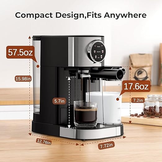 Electactic Espresso Machine 20 Bar, Super Compact Espresso Maker Stainless Steel with Touch Screen, Professional Coffee Machine, Automatic Milk Frother for Cappuccino