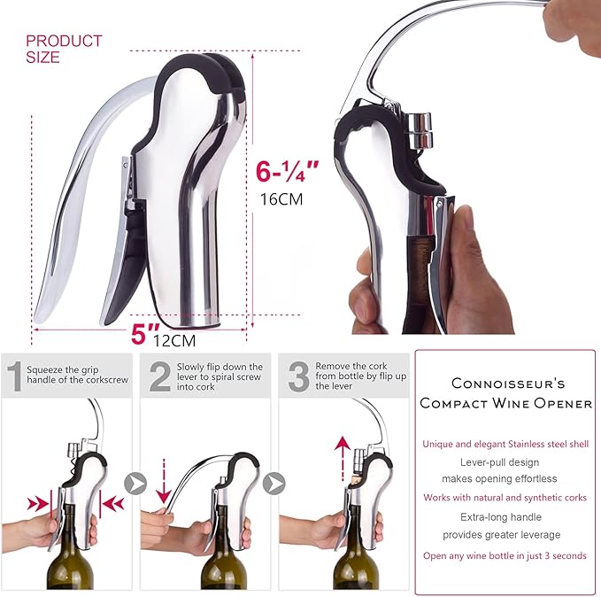 KAYCROWN Stainless Steel Wine Bottle Opener, Vertical Lever Corkscrew with Built-in Foil Cutter Design, Manual Handheld Corkscrew with Ergonomic Lever Pump