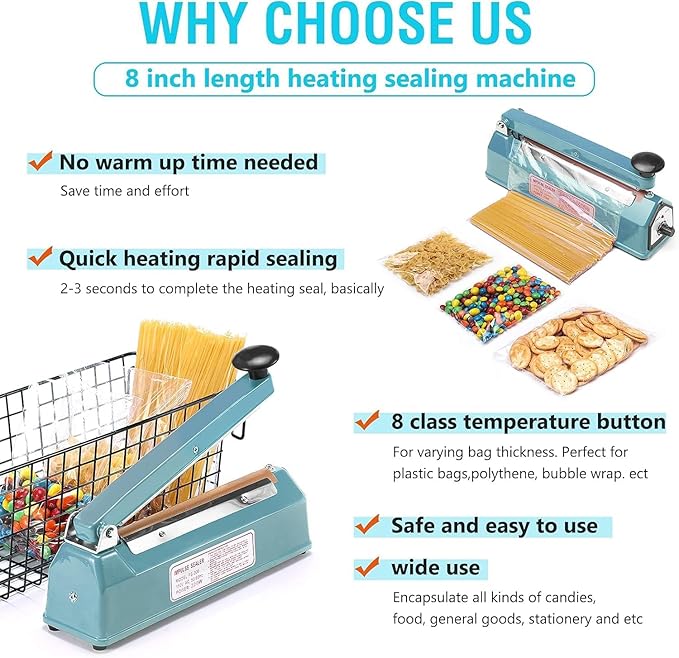 METRONIC Impulse Sealer 8 inch, Manual Heat Sealer Machine for Plastic Bags, Shrink Wrap Bag Sealers Heavy Duty Sealing Machine With Repair Kit, Blue(Pack of 6)