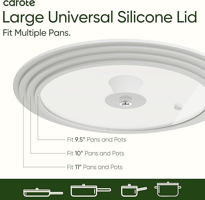CAROTE 2 PCS Universal Silicone Lid for Pots, Pans and Skillets, Pot Lid fit 6", 7" 8" & 9.5", 10", 11" Diameter Cookware, Pan Cover With Heat Resistant Silicone Rim and Tempered Glass, White