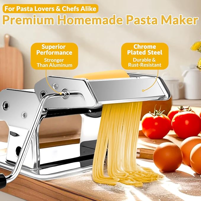 Pasta Maker with 7 Thickness Settings Roller, 2-in-1 Cutter, Hand Crank and Table Clamp, Stainless Steel Manual Pasta Machine for Spaghetti, Fettuccine, Lasagna, Ravioli