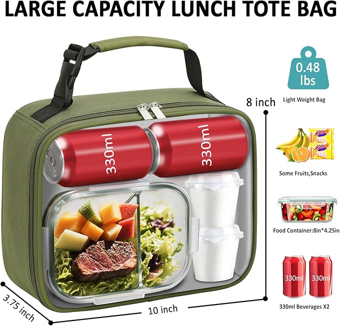 Lunch Box Kids Insulated Lunch Bag for Boys Girls Cute Reusable Lunch Tote Bag Waterproof Portable Thermal Lunch Box Kids for School Picnic Travel Green