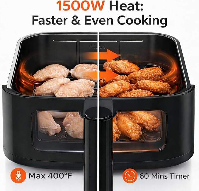 Simple Deluxe 8-in-1 Air Fryer 4 Qt, Digital Preset Airfryer with Visible Window, Nonstick and Dishwasher-Safe Basket for Chips, Bake, Wings, 60-Min Timer, 1500W, Gray
