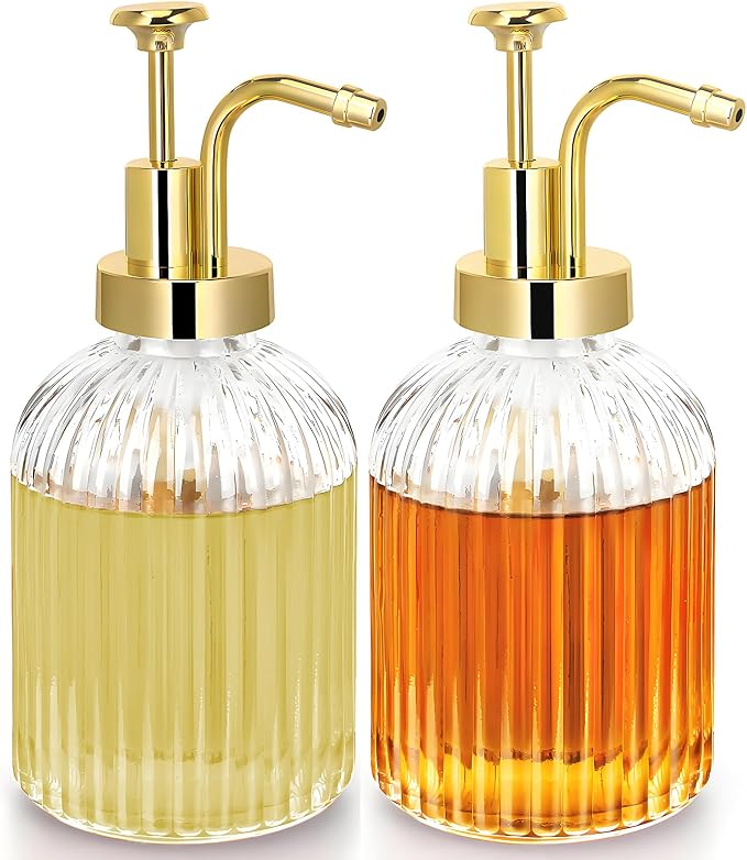 TIWPAJS Glass Coffee Syrup Dispenser 10oz, Syrup Bottles with Ribbed Design, Gold Syrup Pump, Coffee Bar Accessories, Honey Dispenser (2)