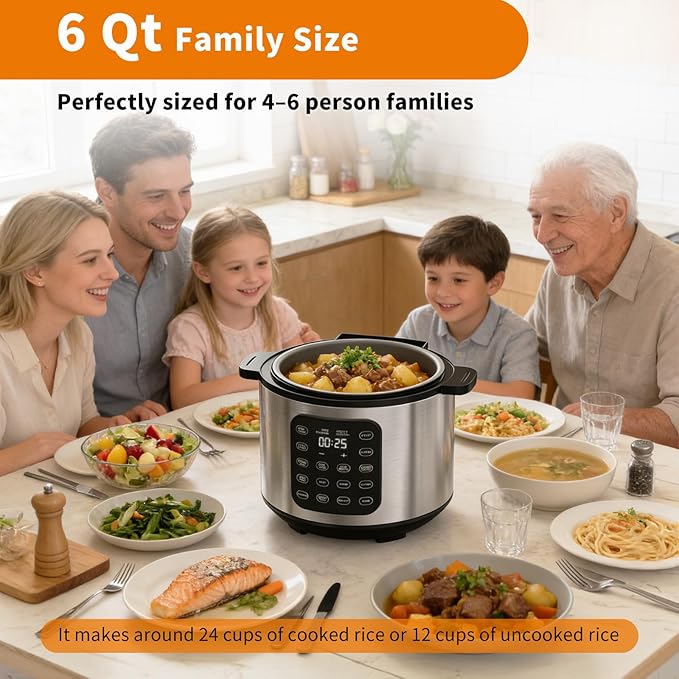 6Qt Electric Pressure Cooker, 9-in-1 Programmable with IMD Touchscreen, Rice Cooker, Slow Cook, Steam, Sauté, Warmer, 24H Delay Start, Non-Stick Ceramic Pot, 1000W, Silver