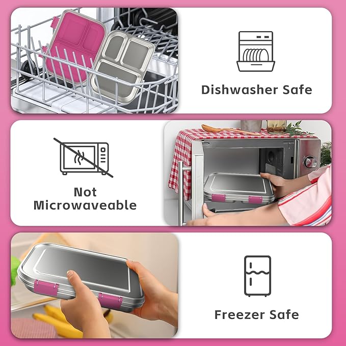 BOSEDSANG Stainless Steel Kids Leak-Resistant Bento Lunch Box, 3-Compartments with Silicone Container, Dishwasher-Safe, Child-Friendly Design for School, Picnics & Travel,BPA-Free(Pink)