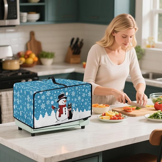 Microwave Oven Cover Air Fryer Toaster Oven Dust Cover, Stain-resistant Small Electric Appliance Protector, S, Snowman Black Cat Snowflake Blue Christmas Decorations