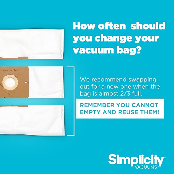 Simplicity Vacuums SZH-6 Jill Canister Vacuum Replacement Bags with Certified Hepa Media, Fits with Simplicity Jill, Jack, and Snap Bagged Vacuum Canister Models, Type Z Bags, 6-pack Set
