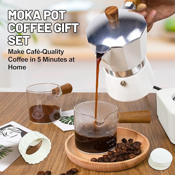 4-in-1 Moka Pot Espresso Set with Electric Stove 3 Cup Aluminum Stovetop Coffee Maker Percolator Italian Classic Mocha Coffee Machine with Powder Dispenser Filter Paper Portable Camping White
