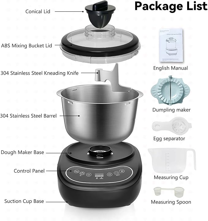 7L Electric Dough Mixer for Bread and Pizza Dough, Dough Maker Featuring a Ferment Function.304 Stainless Steel Whisk and a Top Small Window for Easy Add Water and Seasoning(Black）