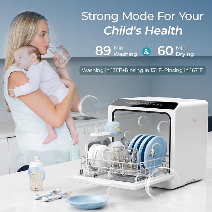 EUHOMY Countertop Dishwasher Portable with 6 Programs, 5L Built-in Water Tank for Apartments & RV, 167℉ High-Temp, No Hookup Needed, Mini Dishwasher with Baby Care, Air Dry/Quick/ECO/Fruit/Normal Mode
