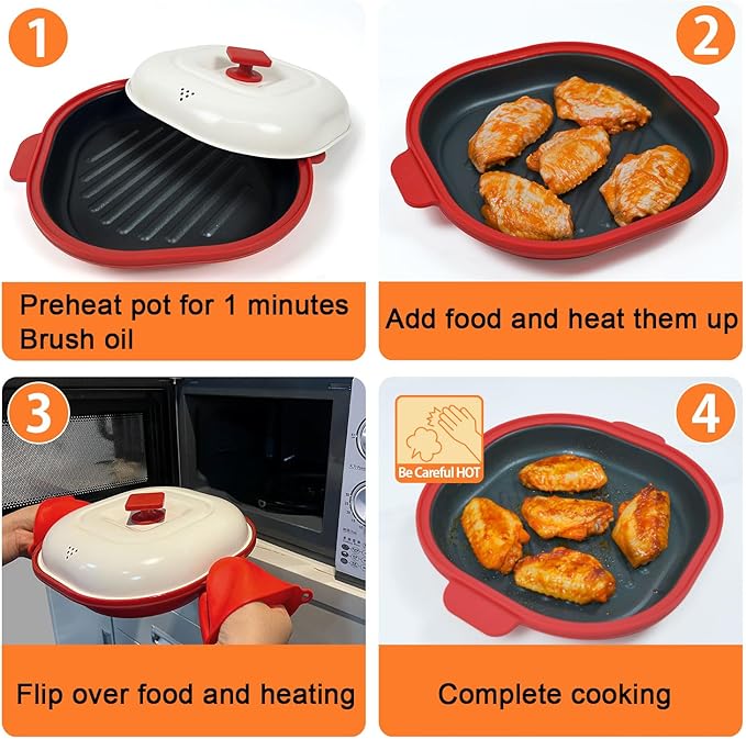 AHJ Microwave Grill Pan with Lid, Microwave Cooker Multi-Use for Grilling, Frying, Browning and Crisping, Microwave Griller & Crisper Pan for Grill Meat, Sandwich, Vegetable, Egg, Potatoes (Red)