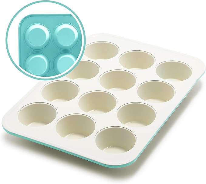 GreenLife 12-Cup Muffin Pan,PFAS-Free Healthy Nonstick Baking Tray,11.4" x 1.9" x 15.9",Durable Ceramic Bakeware,Cupcakes,Egg Bites,Tarts,Brownies,Turquoise,(Pack of 6)