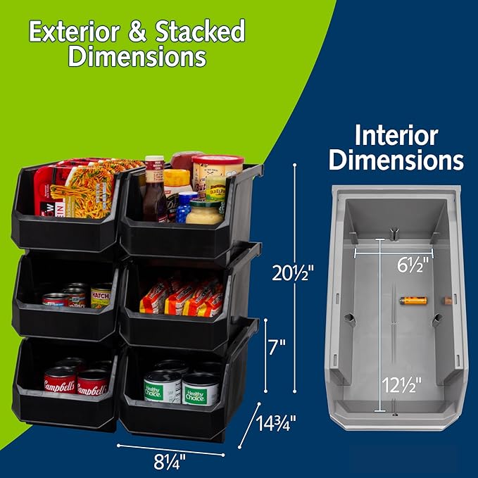 Plastic Containers for Organizing and Storage Bins for Closet, Kitchen, Office, Garage or Pantry Organization, Stackable Bins, Large (14.8" x 8" x 7"), 6-Pack, Black