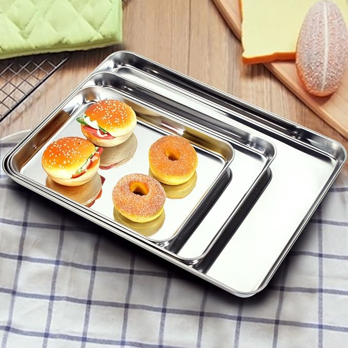 Cookie Sheet Baking Sheet Set of 3, Bastwe Commercial Grade Stainless Steel Baking Pan, Professional Bakeware Oven Tray, Healthy & Non-toxic, Rust Free & Mirror Finish, Easy Clean & Dishwasher Safe