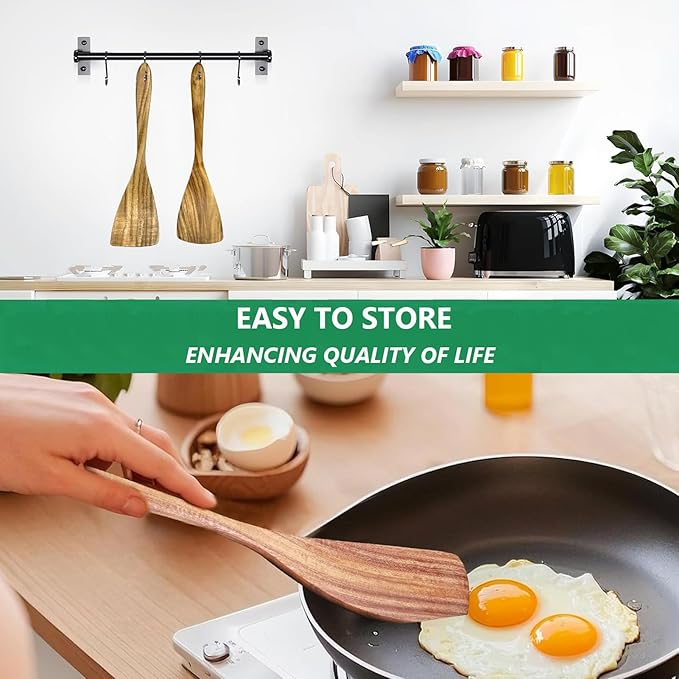 Teak Wood Rigth Handle Flat Turner for Kitchen Use, 2 Pcs Long Wooden Spatula for Cooking, Non Stick Wooden Cooking Utensils Set Flat Spatulas