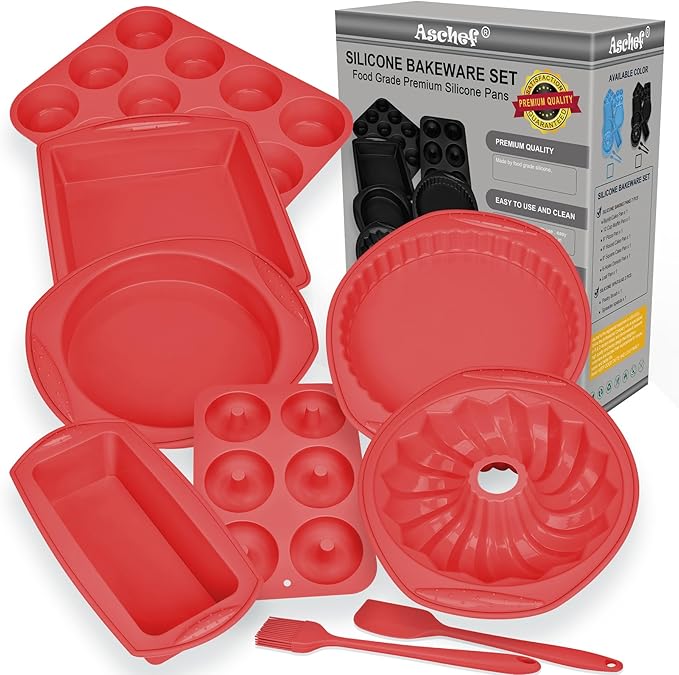 9-in-1 Nonstick Silicone Baking Pan Set, Fluted Cake Muffin Loaf Bread Pizza Cupcake Mold Tray, Heat Resistant Bakeware Utensils Kit