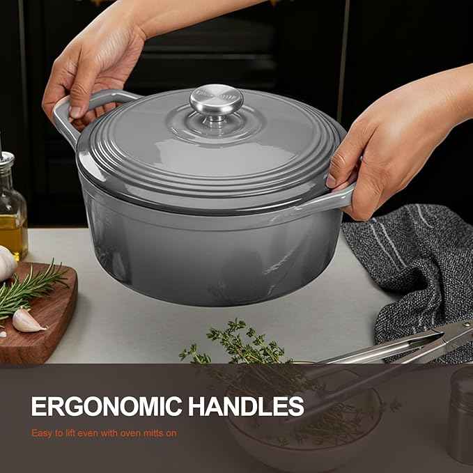 Overmont Enameled Cast Iron Dutch Oven - 5.5QT Pot with Lid Cookbook & Cotton Potholders - Heavy-Duty Cookware for Braising, Stews, Roasting, Bread Baking Grey