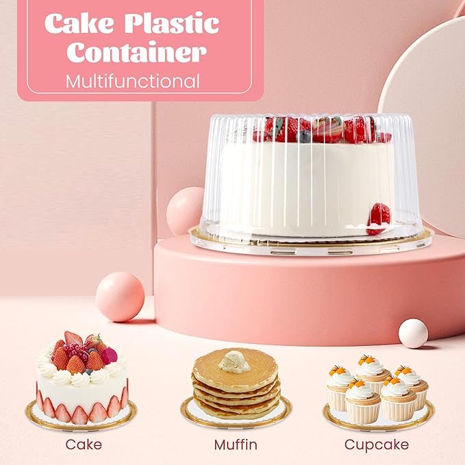 NPLUX 10 Inch Plastic Cake Carriers Gold Cake Containers with Lid and White Cake Boards, Clear Cupcake Holder for 1-2 Layer Cheesecake, Bundt Cake Pie Bakery Supplies(5 Pack)