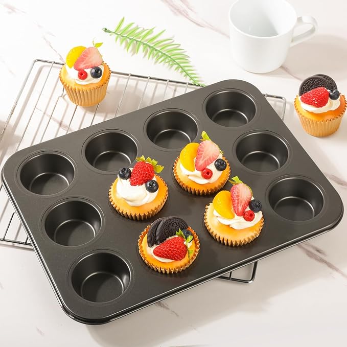 Artcochan 2 Pack Muffin Pan with 100 Cupcake Liners, 12 Cup Nonstick Cupcake Pan for Baking, Carbon Steel Baking Supplies Muffin Tin