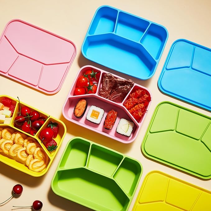Ziliny 4 Pcs Silicone Bento Box Reusable Lunch Container Smooth Leak Proof Lunch Box Rectangle Bento Boxes for Adult Work Travel Food Meal Compartment Storage, 4 Colors (Bright Colors 2)