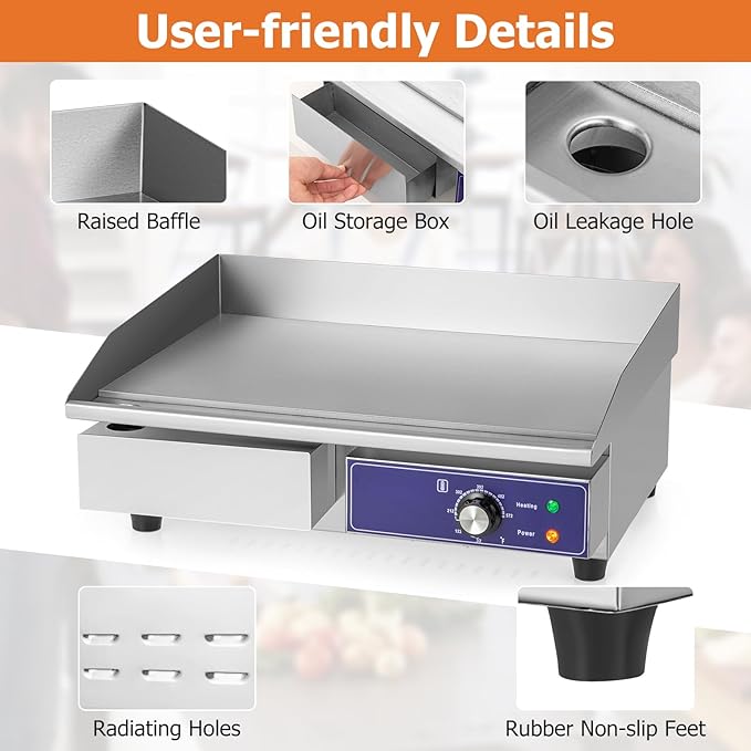 Happygrill 22" Commercial Electric Griddle, Stainless Steel Flat Top Grill w/Adjustable Temperature Control 122℉-572℉, Complete Accessories, 2000 W Electric Countertop Griddle for Kitchen Restaurant