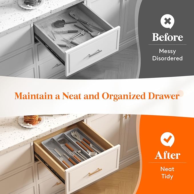 Lifewit Utensil Organizer for Kitchen Drawer, Expandable Cooking Silverware Tray, Adjustable Cutlery Flatware Holder, Plastic Spatula Tools Storage Divider, 14.4 x 15.8", Gray