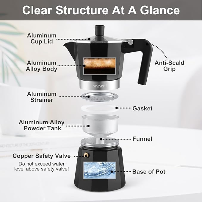 Sivaphe Aluminum Moka Pot 3 Espresso Cups, Percolator Espresso and Coffee Maker, Portable Stovetop Italian and Cuban Café Brewer for Home and Camping Black