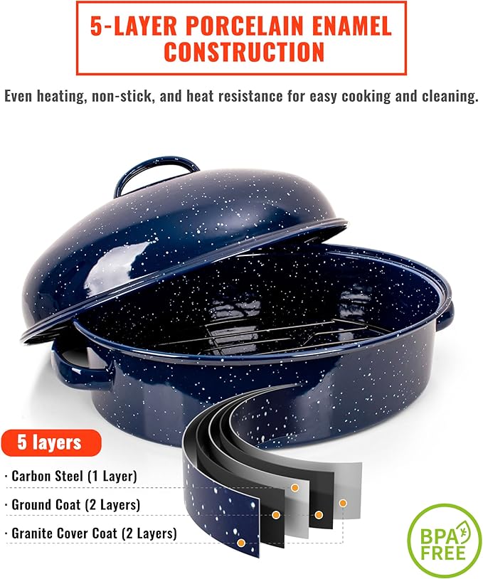 Roasting Pan with Lid and Rack 18" Deep Large Oval Enamel Roaster Pan, Oven Dishwasher Safe Non-Stick Non-Toxic Baking Pan for Chicken Turkey Ham Steak Roasts & Bread Birthday Mothers Day Gift