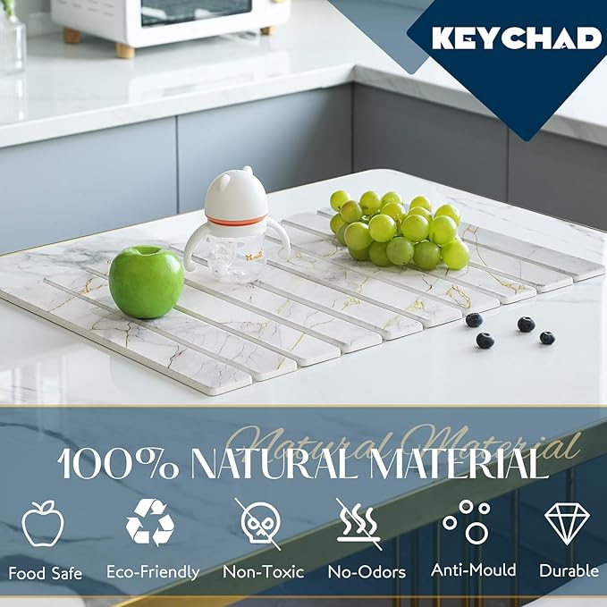 KEYCHAD Large Stone Drying Mat for Kitchen Counter - 23.4" x 15.4" Quick Drying Foldable Dish Drying Mat - Super Absorbent Diatomaceous Earth Mat - Stone Dish Drying Mat for Cups Bottles