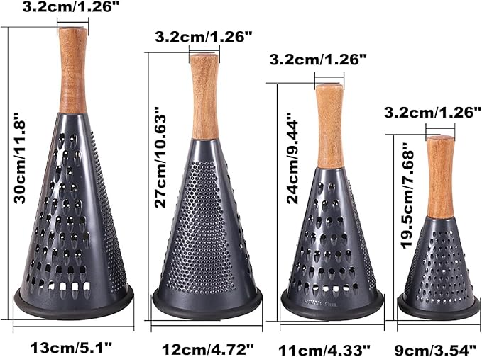 Cone Cheese Grater with Handle Stainless Steel Grater Triple Function Wood Handle Shredder Non-Slip Rubber Bottom Hand Held Multifunction Vegetables Grater Black 4-Size (Size L: 10.6" X 4.7" Black)