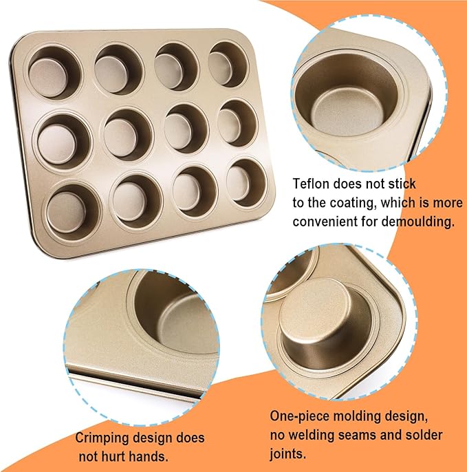 2 Pack Premium Nonstick Bakeware 12-Cup, Mini Muffin Pan, Dishwasher Oven Safe(Golden, 12 Cup (2 pcs)