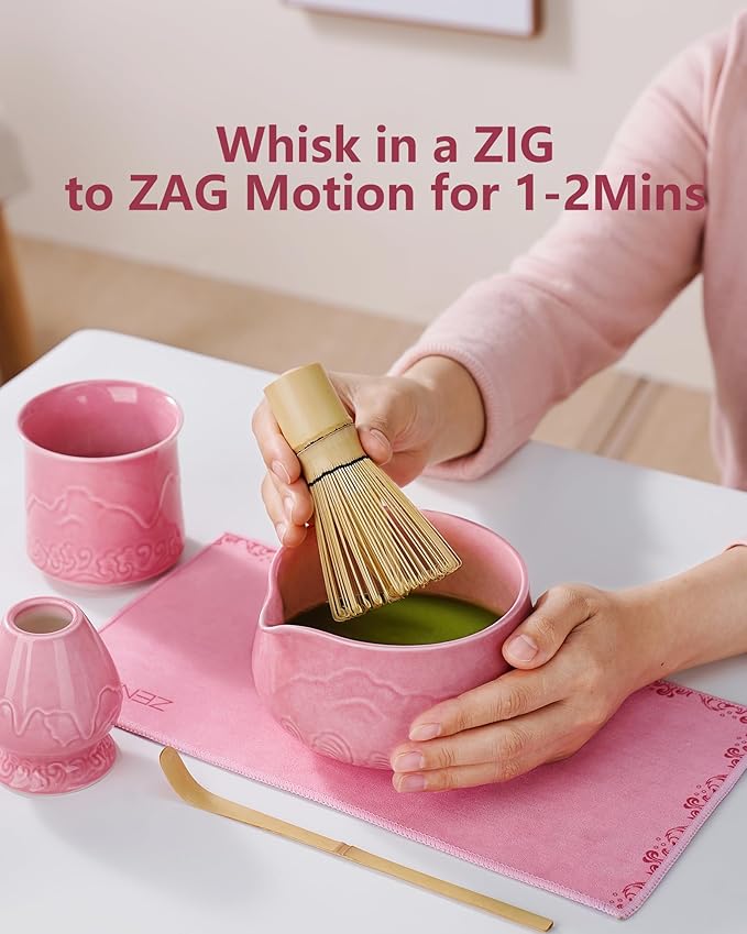 ZENS Pink Matcha Set, 7pcs Matcha Whisk Set Includes 15oz Ceramic Bowl and Cup for Bamboo Whisk, (Chasen Holder), Scoop, 304 Sifter and Tea Mat, Pink Matcha Kit for Matcha Lovers