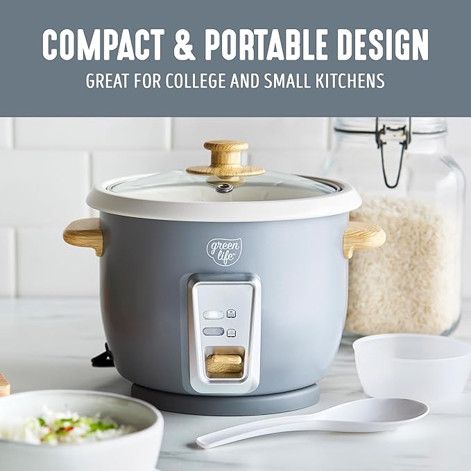 GreenLife Rice Cooker with Removable PFAS-Free Ceramic Nonstick Pot, 3-Cups Uncooked/6-Cups Cooked, Grains & Oatmeal Multicooker, Compact One-Switch Design, Auto Keep Warm, Easy Clean, Gray