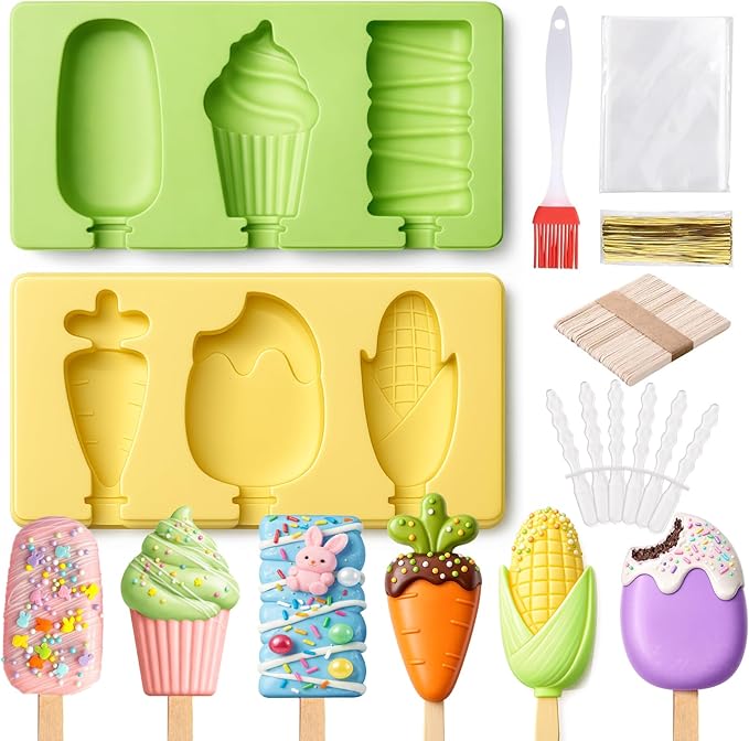 Juome Cake Pop Mold Kit, 2 Pack 6 Cavities Cakesicle Molds Silicone with 100 Wooden Sticks & 100 Packaging Bags with Ties, Cake Pop Maker Supplies Accessories, Baking Tools for Home Baking Desserts