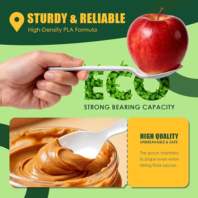 Gezond 100% Compostable Spoons 100 Count, No Plastic Biodegradable PLA Disposable Spoons Eco Friendly Heavy Duty Cutlery Suitable for Party Picnic Office Everyday Use
