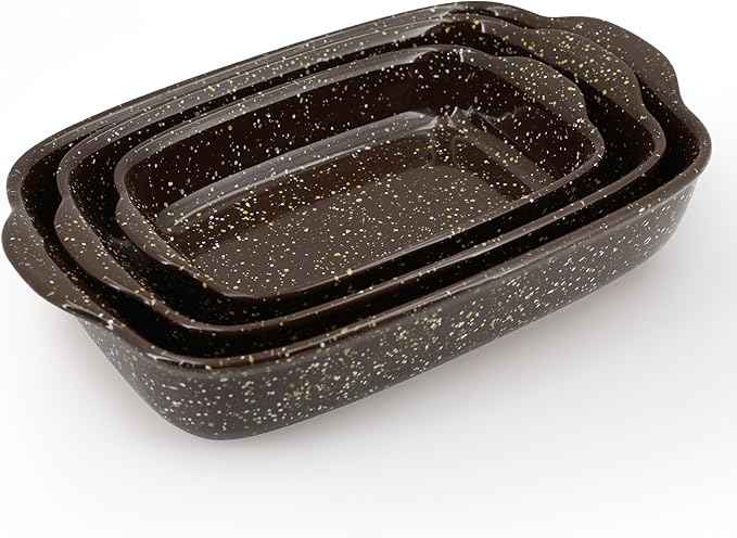 3-Pack Deep Rectangular Ceramic Baking Dishes, Heavy-Duty Oven-Safe Stoneware Casserole Pans for Lasagna Baking, High Heat Resistant Handcrafted Glazed Finish,Speckle Series(13.8''/12''/9.6'' Brown)