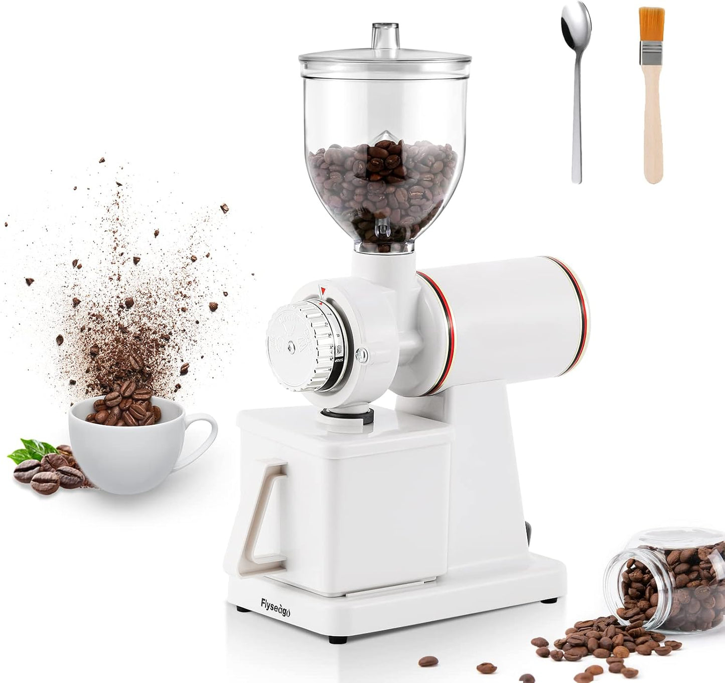 Burr Coffee Grinder Electric Espresso Grinder Commercial & Homeuse Silent Small Coffee Bean Grinder with Hopper Adjustable Grind, With Brush, Spoon, White